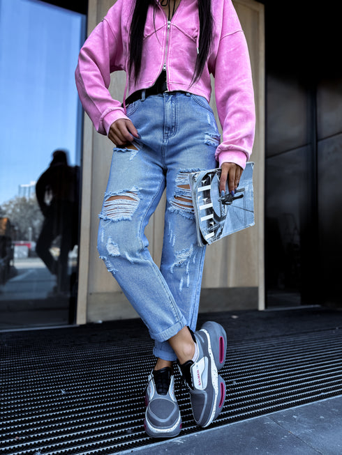 MOM, DENIM kelnės su ašaromis W1036 - Mėlynos